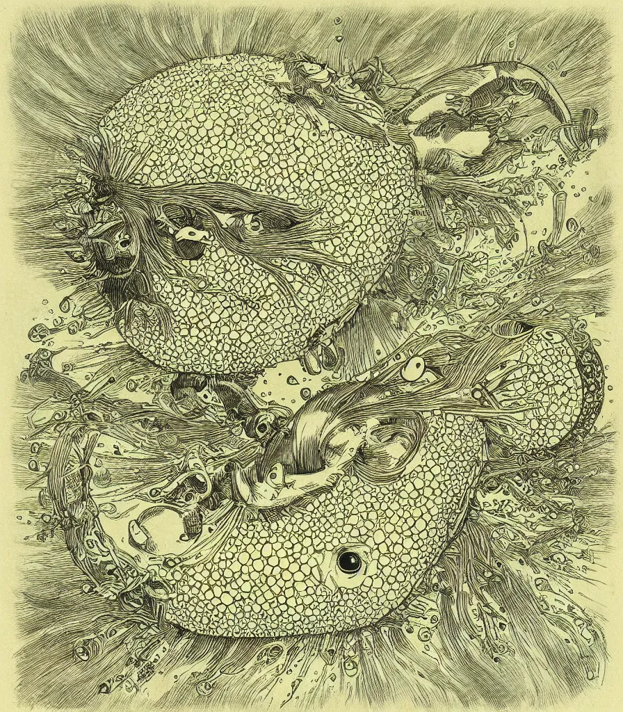 Image similar to alien pufferfish color scientific illustration by Ernst Haekel, Hayao Miyazaki, color illustration