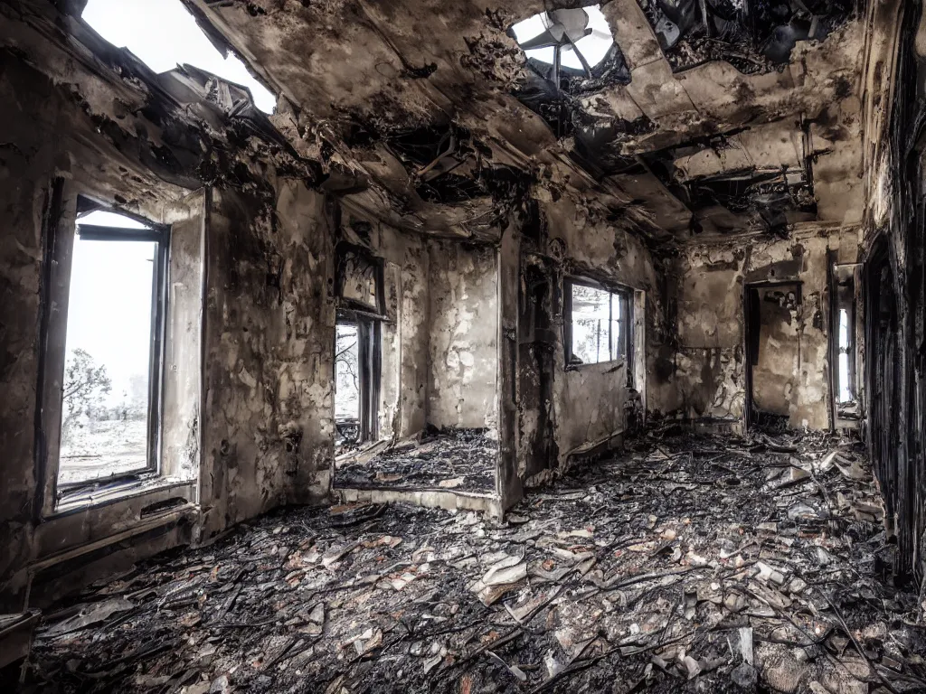 Image similar to burnt out building, interior shot, canon, award winning!!, no fire, no smoke, photography, realism, dslr photo, 8 k, journalism