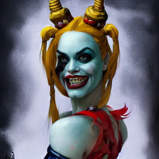 Image similar to portrait of harley quinn as a hulking herculean demon orc bugbear clown queen, forest, godlike, upper body, fantasy, intricate, elegant, highly detailed, digital painting, artstation, concept art, sharp focus, illustration, art by artgerm and greg rutkowski and alphonse mucha