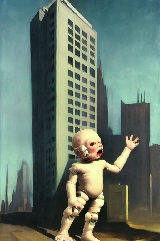 Image similar to evil human giant baby with a robot arm in a diaper is taller than office buildings, goes destroying buildings under his feet, hauntingly surreal, highly detailed painting by francis bacon, edward hopper, adrian ghenie, gerhard richter, and james jean soft light 4 k,