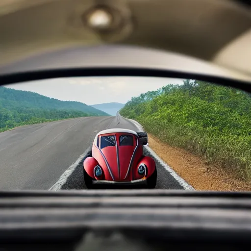 Image similar to promotional scifi - mystery movie scene of a ( volkswagen beatle ) and ladybug hybrid that's more ladybug. racing down a dusty back - road in smokey mountains tennessee. cinematic, 4 k, imax, 7 0 mm, hdr