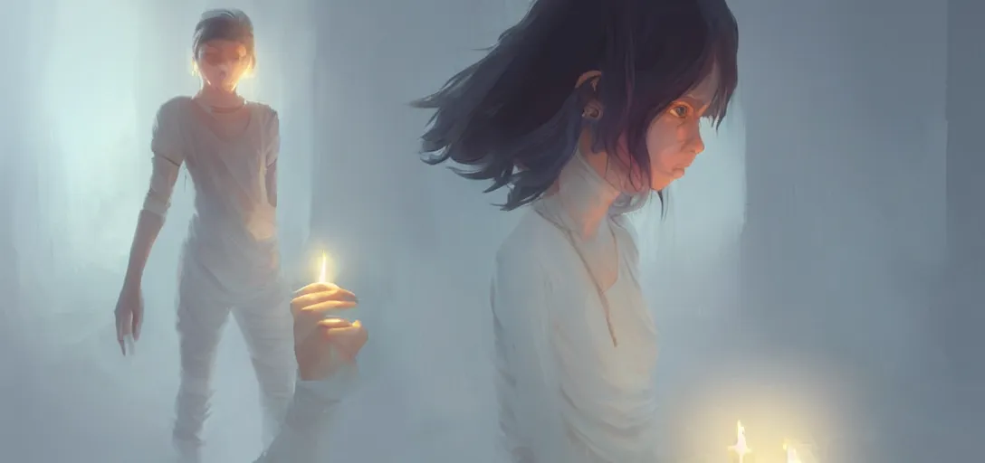 Image similar to Young Himalayan woman concerned in an empty room using psychic powers to make a lighter float| night time scene, plain walls |somber white eyes, long messy hair | gentle lighting, futuristic, dim lighting, digital art by Makoto Shinkai ilya kuvshinov and Wojtek Fus, digital art, concept art,