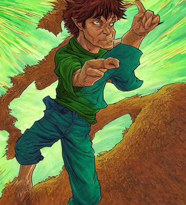 Image similar to a character portrait of shaggy rogers powering up in the style of jean giraud in the style of moebius trending on artstation deviantart pinterest detailed realistic hd 8 k high resolution