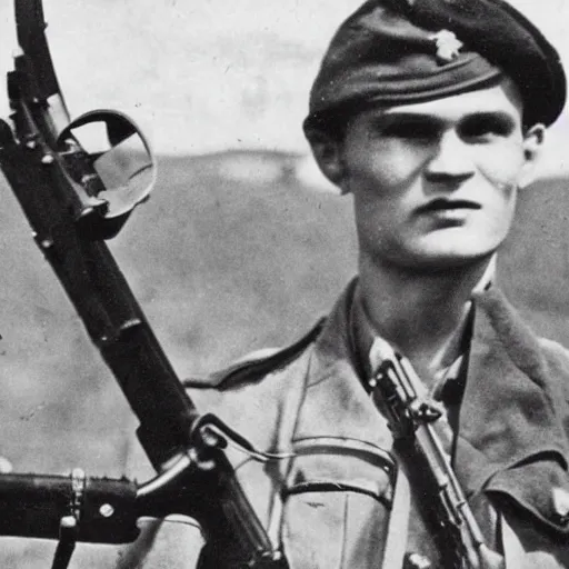 Prompt: old wartime photograph of vitalik buterin holding a lewis gun, 1 9 1 7