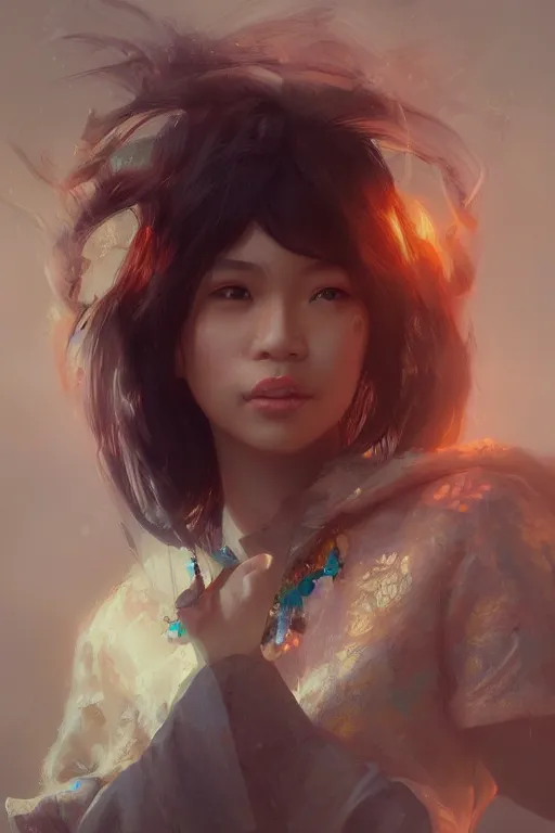 Image similar to portrait of a beautiful filipino - american woman, anime, ruan jia, wlop, sha xi, fantasy, hyper detailed, octane render, concept art, ornaments, artstation