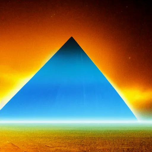 Image similar to big pyramid with blue glow lights and fog in background, huge spaceship in sky, cinematic looking, drama, scary