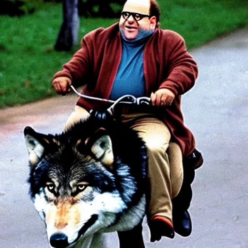 Image similar to George Costanza (from Seinfeld) riding a wolf