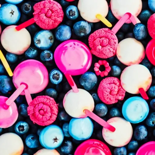 Image similar to an ocean of lollipops, ice cream and blueberries