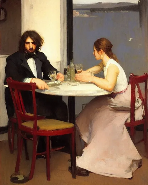 Prompt: a guy and a girl on a date in a restaurant, art by greg rutkowski, gustave courbet, rosa bonheur, edward hopper. faithfully depicted facial expression, perfect anatomy, sharp focus, global illumination, radiant light, detailed and intricate environment, trending on artstation