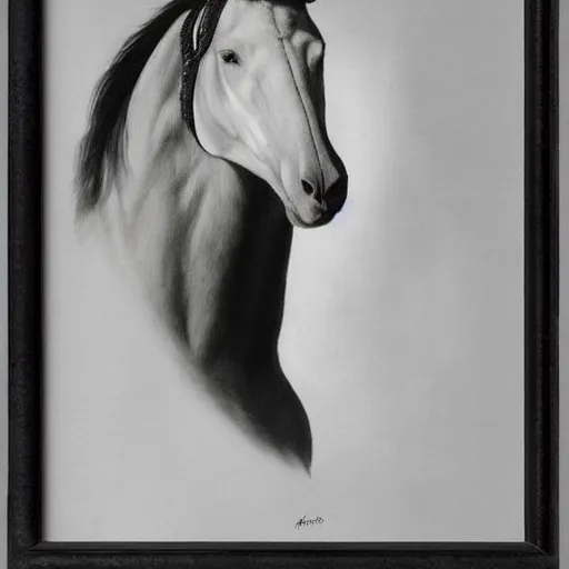 Image similar to painting of a glorious horse head, editorial fashion photography, black and white, by łempicka