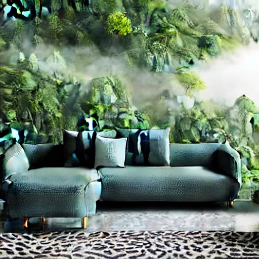 Image similar to a full length portrait of a giant autonomous sofa in a misty rainforest, surrounded by lush ferns and fir trees. surrounded by mountains and clouds and mist. featured on