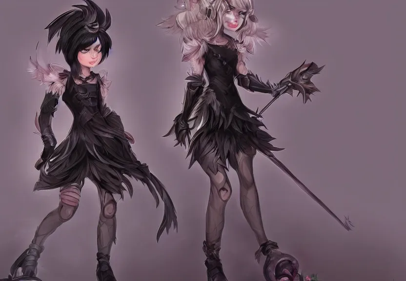 Image similar to little girl with a short black haircut wearing a dress made of black feathers, artwork in league of legends art style, anatomically perfect