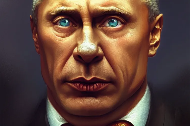 Image similar to vladimir putin as homer simpson, closeup, d & d, fantasy, intricate, elegant, highly detailed, digital painting, artstation, concept art, matte, sharp focus, illustration, hearthstone, art by artgerm and greg rutkowski and alphonse mucha