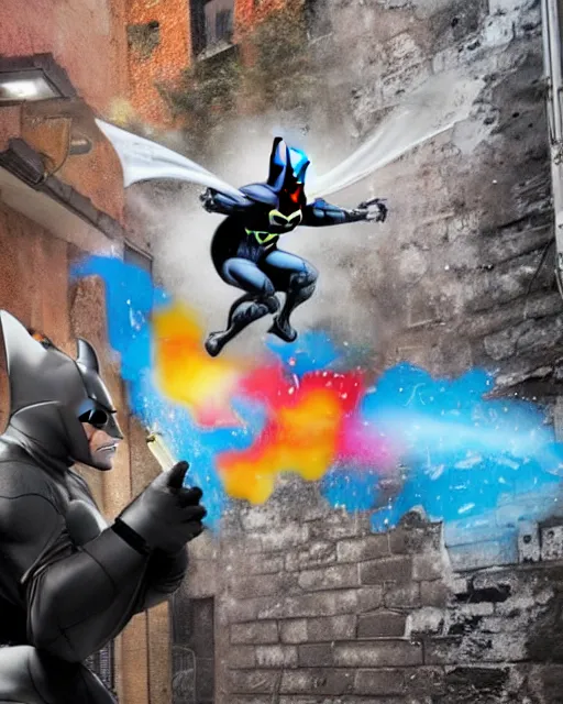 Image similar to happy batman firing supersoaker at happy criminals in an alleyway, product advertisement, photograph