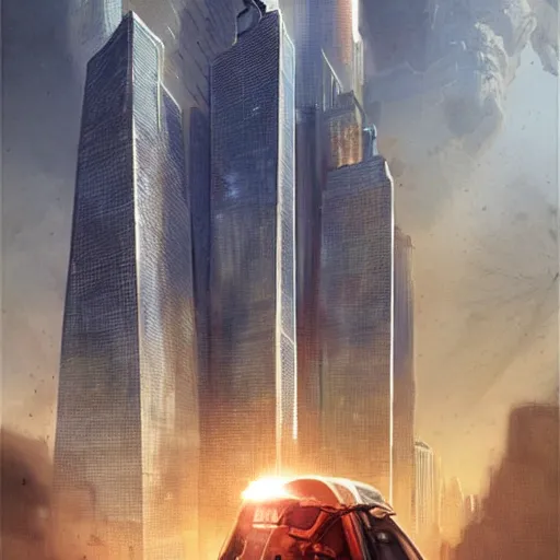 Prompt: homelander laser eyes through wtc, Greg Rutkowski, beautiful art,