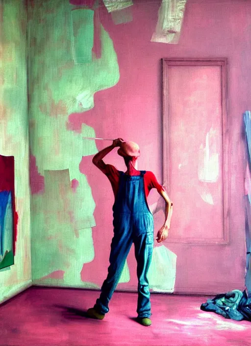 Image similar to an insane, skinny, artist wearing overalls, expressive painting the walls inside a grand messy studio, hauntingly surreal, highly detailed painting by francis bacon, edward hopper, adrian ghenie, gerhard richter, and james jean, soft light 4 k in pink, green and blue colour palette