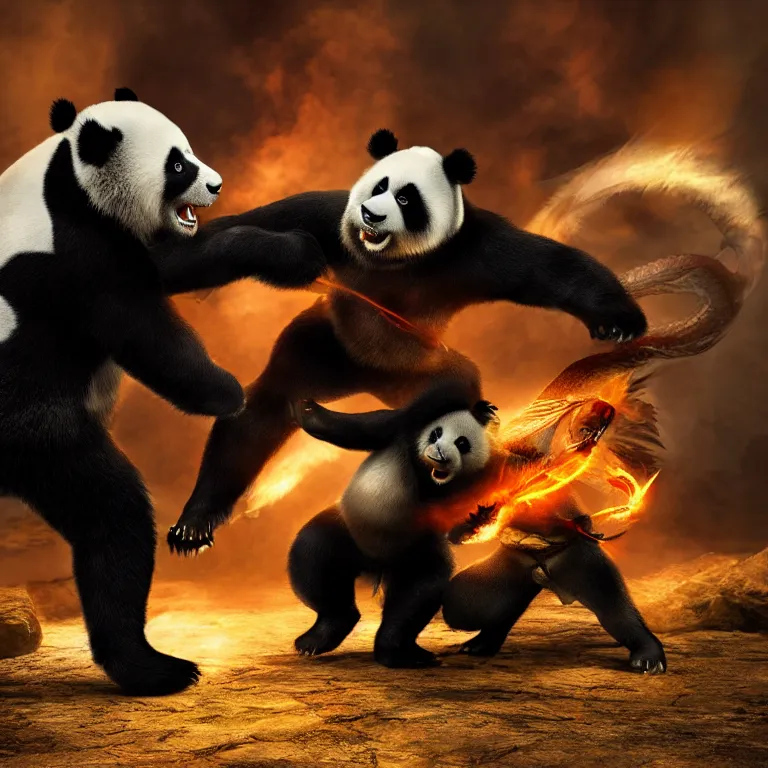 Prompt: Kong Fu Panda fighting a dragon , cinematic lighting, photorealistic image, 8k, ultra detailed, high resolution,