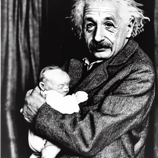 Image similar to sweet photo of Einstein holding baby yoda on his arm