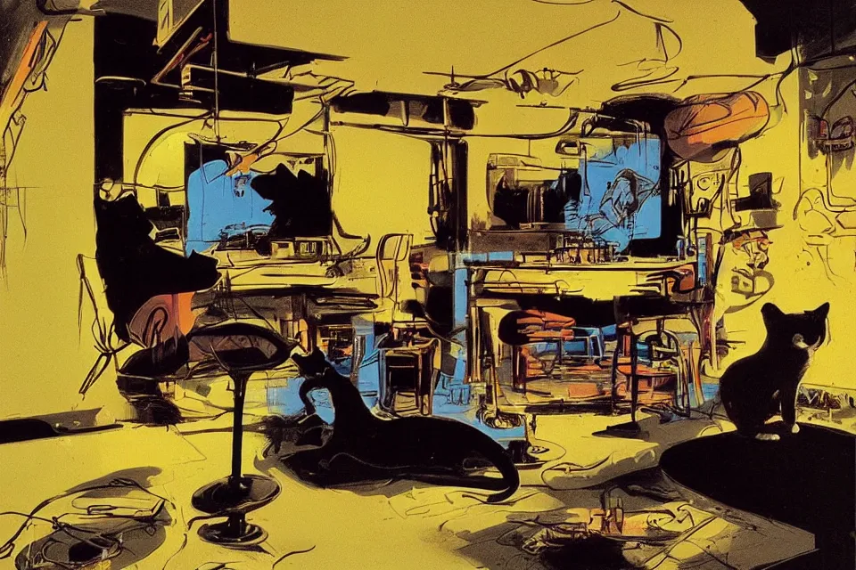 Image similar to cat sitting in a neon basement john kricfalusi and syd mead