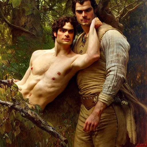 Image similar to attractive henry cavill as withcer and attractive joey batey as jaskier hauting wild creature in the wood highly detailed painting by gaston bussiere, craig mullins, j. c. leyendecker, alphonse mucha 8 k