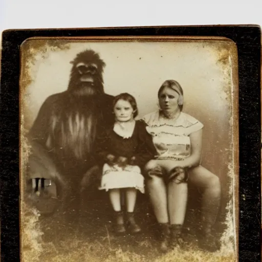 Image similar to a tintype photo of bigfoot and his family