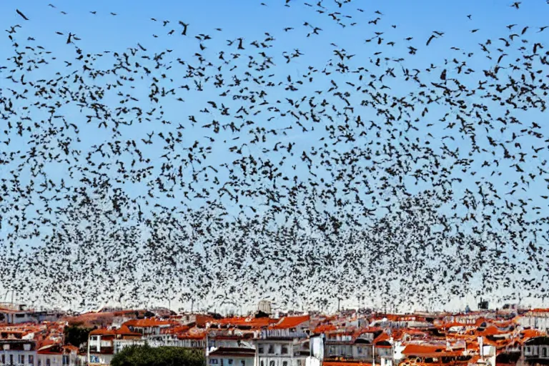 Prompt: Millions of birds covering the skies of Lisbon, Portugal