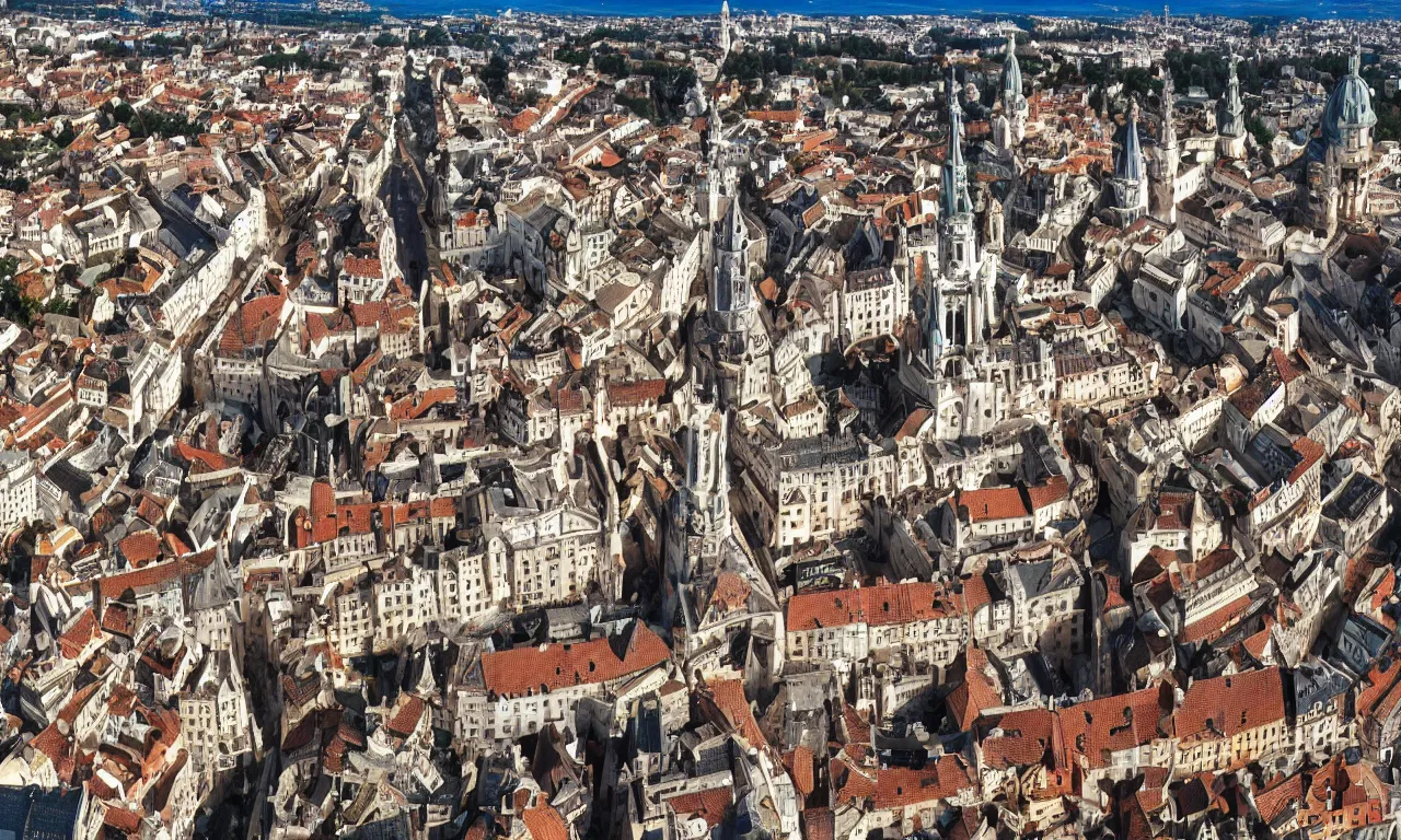 Prompt: highly detailed, intricate stunning image of an ornate baroque city landscape poking through the clouds into the bright blue sky : : 6, looking down from a balcony high up a tower : : 1 0, surrounded by higer baroque castle towers, high octane, cinematic lighting 4 k