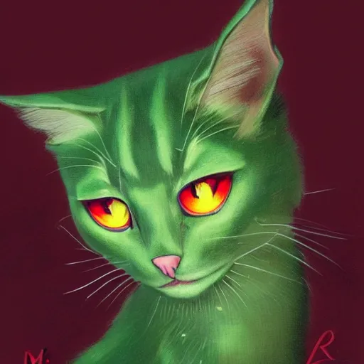 Prompt: A potrait of a green cat with big red eyes, fine-face, realistic shaded perfect face, fine details. Night setting. Very anime style. Realistic shaded lighting poster by Ilya Kuvshinov katsuhiro, magali villeneuve, artgerm, Jeremy Lipkin and Michael Garmash, Rob Rey and Kentarõ Miura style, trending on art station
