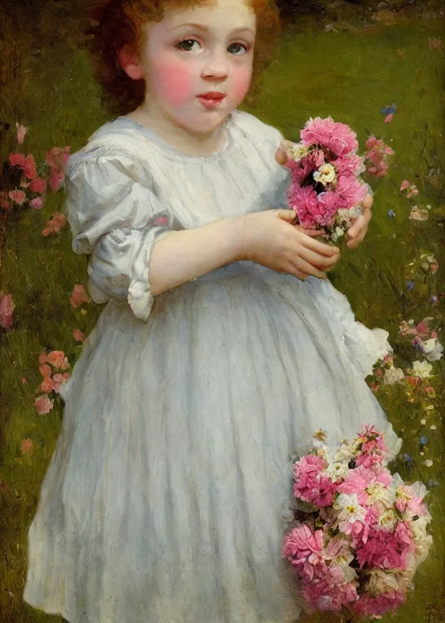 Image similar to A little beautiful girl with flowers in her hand, Anderson, Sophie