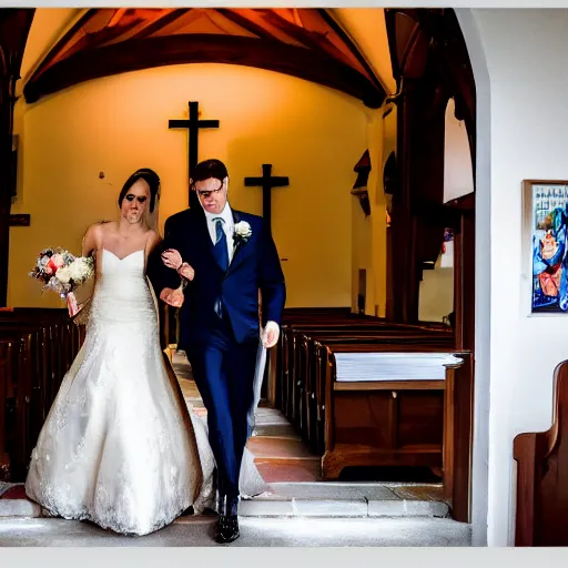 Prompt: a photography of a man in a suit barging into a church to interrupting a wedding