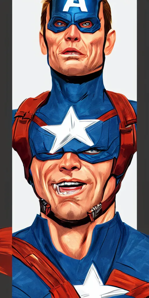 Image similar to captain america played by jim carrey, face portrait, battle shot, hd shot, fantasy art, artstation, comic style