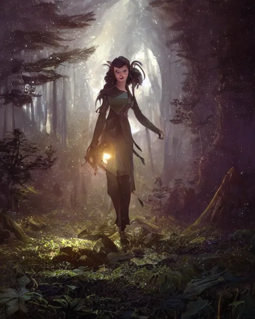 Image similar to a anya taylor joy as dnd elf with black hair black dress as pathfinder in a nebula forest by greg rutkowski, high key lighting, volumetric light, digital art, highly detailed, fine detail, intricate, ornate, complex, octane render, unreal engine, photorealistic digital painting, artstation, concept art, sharp focus, art by greg rutkowski and alphonse mucha