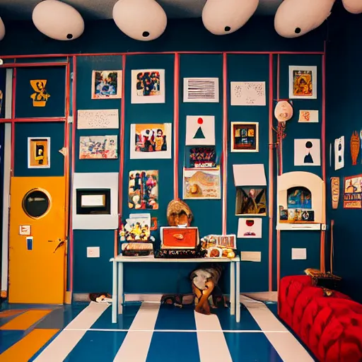 Prompt: a cool school reception, wes anderson style