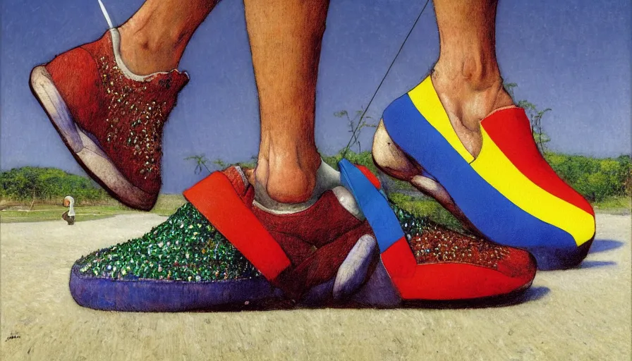 Prompt: 1 9 9 8 brazilian the fool card sneakers designed by arthur bispo do rosario, jules bastien - lepage, tarsila do amaral, frank weston and gustave baumann, major arcana, clothing photography, f - 9 1 / 1 2 5, brutalism, sharp focus, colorful refracted sparkles, star lines, soft light, 8 k