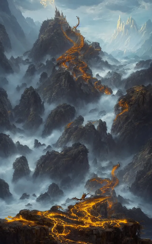 Prompt: high mountains and flowing water, stunning golden chinese dragon hovering, majestic and shocking scenes, thunder, magnificent fantasy scenes, the light of tyndall, james gurney, greg rutkowski, unreal engine, art station