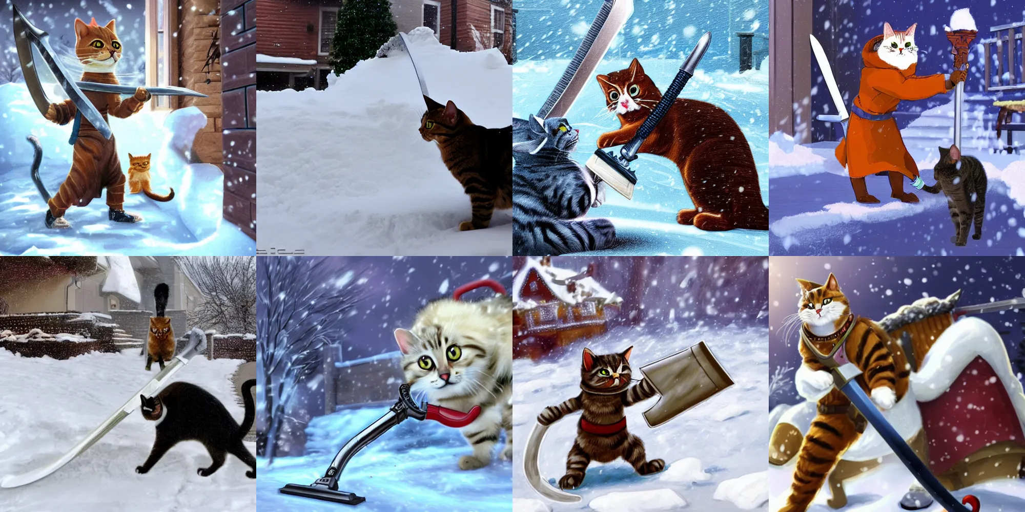 Prompt: a cat wielding a greatsword while fighting a vacuum cleaner outside in the snow, blizzard