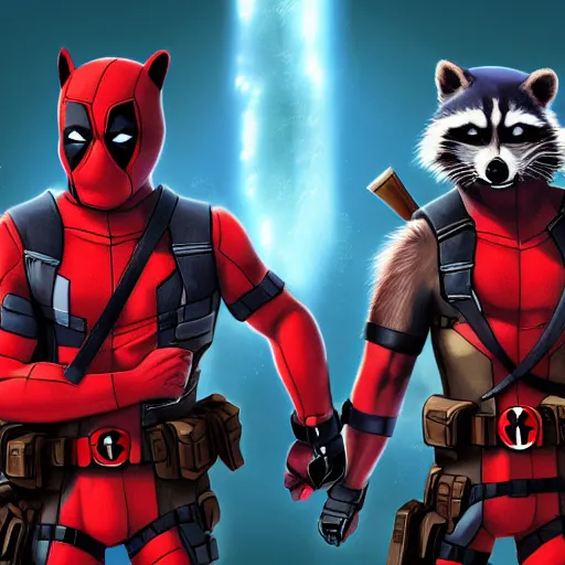 Image similar to rocket raccoon and deadpool together digital art 4 k detailed super realistic