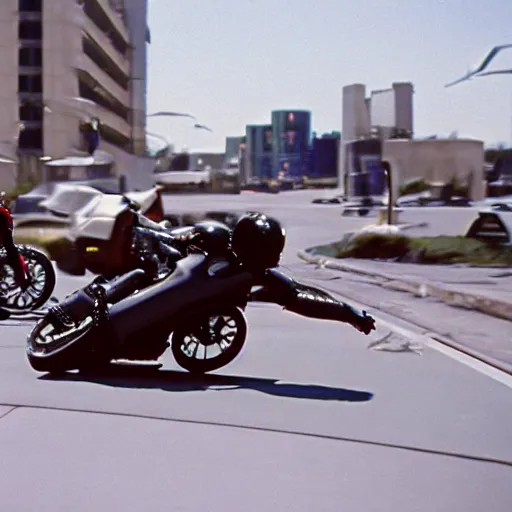 Image similar to Film still of 'Robot Future 2050' (1990). Motorcycle chase scene. Sigma 85mm f/1.4