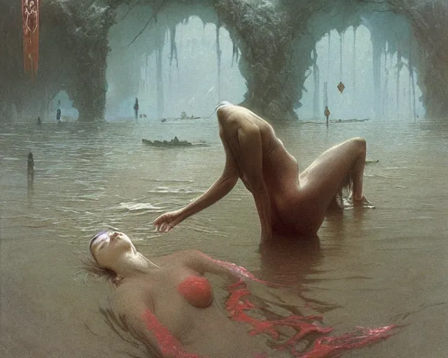 Prompt: the last sight before death by drowning, underwater scene, painted by zdzislaw beksinski and artgerm and greg rutkowski and alphonse mucha and rene laloux