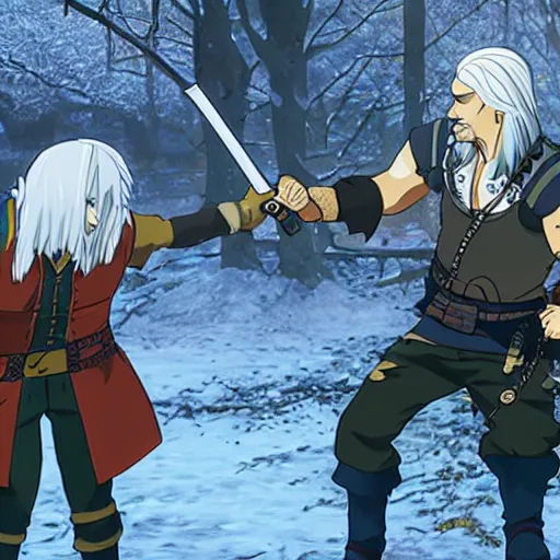 Prompt: anime still showing geralt of rivia fighting ducks
