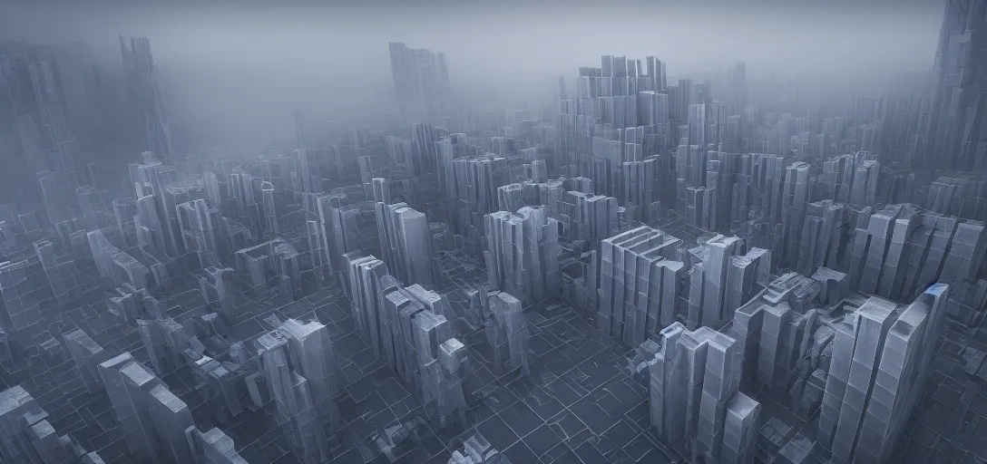 Image similar to dramatic view of giant cuboid megatropolis structure at day, giant towering pillars, colored fog,, unreal engine, dramatic lighting, detailed, ambient occlusion, global illumination, god rays, 3 d artstation render by annibale siconolfi and paul chadeisson