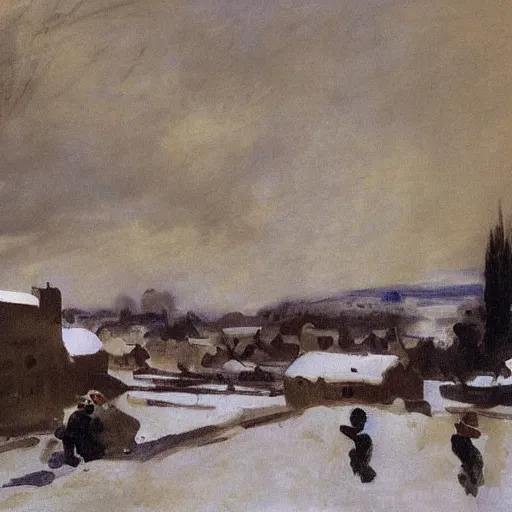 Prompt: A painting of a village during a snow storm, John Singer Sargent