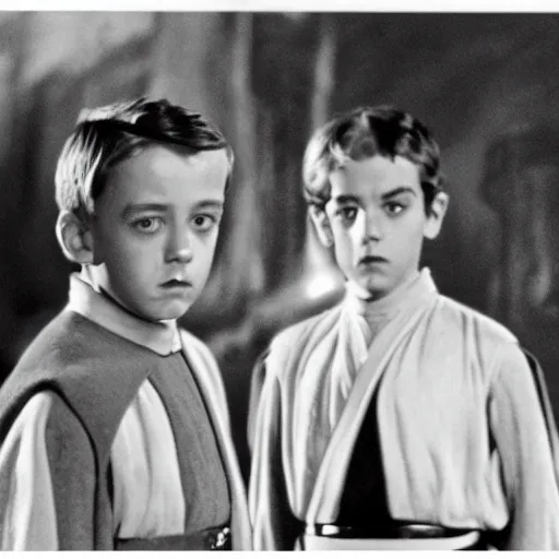 Image similar to film still of young alec guiness and young sebastian shaw as jedis in new star wars movie, dramatic lighting, highley detailled face, kodak film, wide angle shot, photorealistic