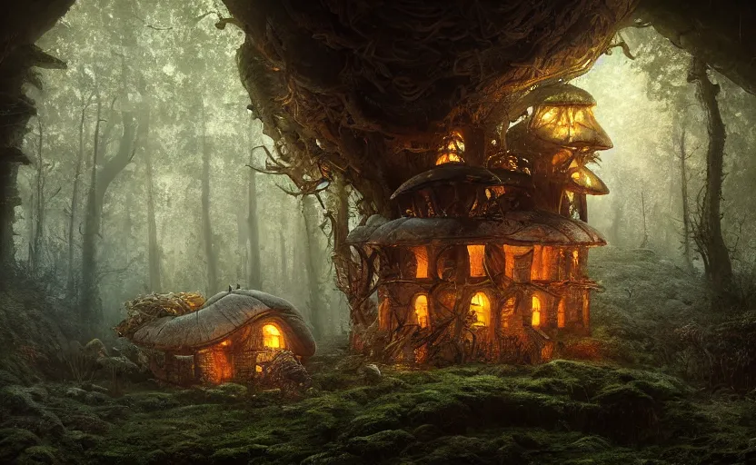 Image similar to A mushroom house in a mushroom, warm light coming from the windows, in a dark forest, macro, cool tones, underexposed, overecast, mysterious matte painting by greg rutkowski and marc simonetti and Ivan Shishkin, 4k