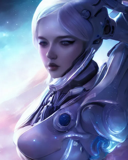 Image similar to perfect android girl on a mothership, warframe armor, beautiful face, scifi, futuristic, galaxy, nebula, raytracing, dreamy, long white hair, blue cyborg eyes, sharp focus, cinematic lighting, highly detailed, artstation, divine, by gauthier leblanc, kazuya takahashi, huifeng huang