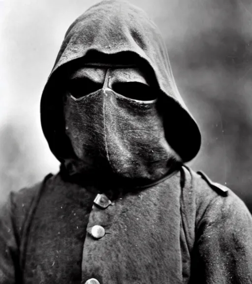 Image similar to a man at wearing iron full face hooded mask in distance, ww1 film photo, grainy, high detail, high resolution