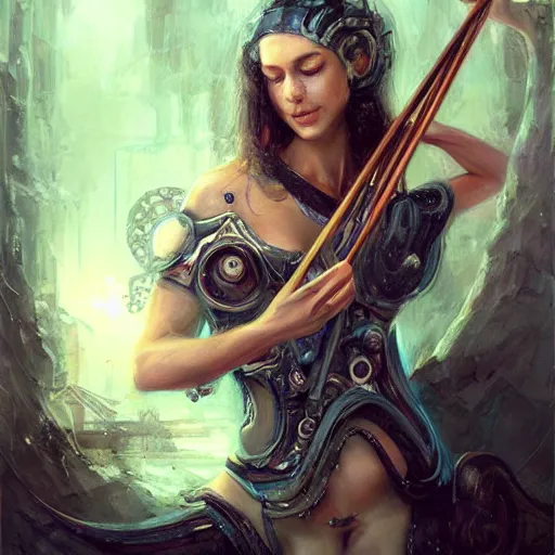 Prompt: stunning portrait of 32 weeks unborn baby argonaut Orpheus playing a lyre, painting by Raymond Swanland, cyberpunk, sci-fi cybernetic implants hq