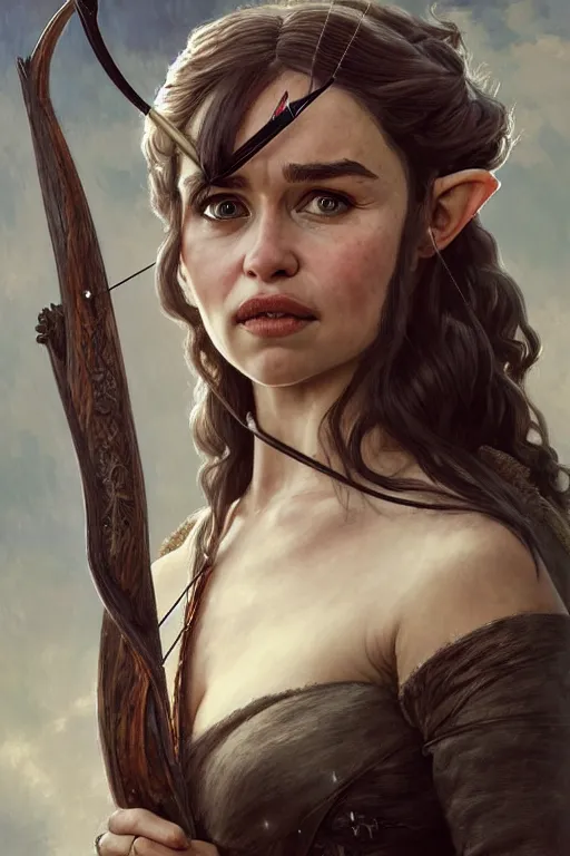 Image similar to portrait of emilia clarke as an elven archer, dark, piercing eyes, gentle expression, elegant clothing, photorealistic, highly detailed, artstation, smooth, sharp focus, art by michael whelan, artgerm, greg rutkowski and alphonse mucha