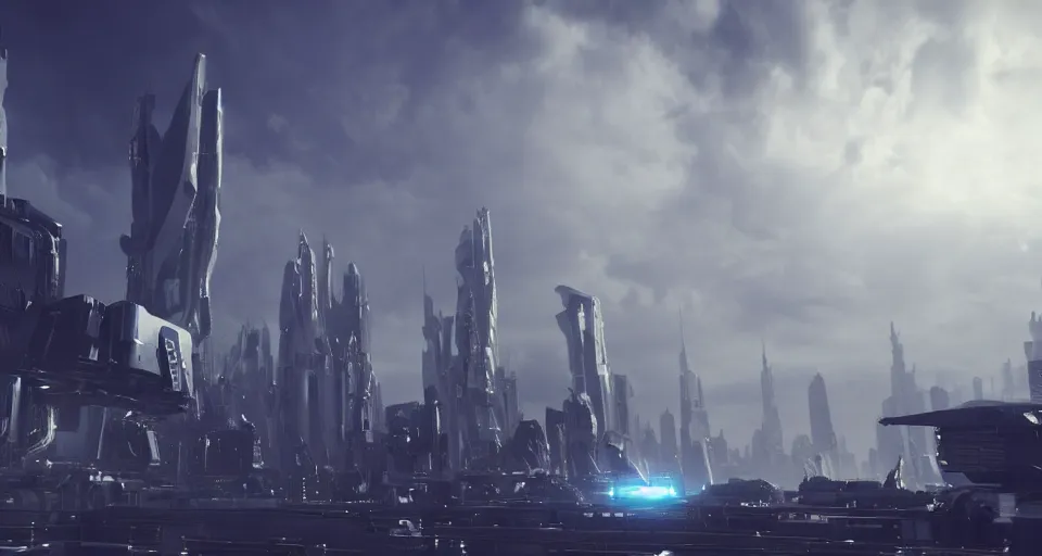 Prompt: a photo of monolithic mech reaching through the clouds towering over astronauts in a futuristic city, ultra realistic, hyper - detailed, unreal engine, raytraced lighting,