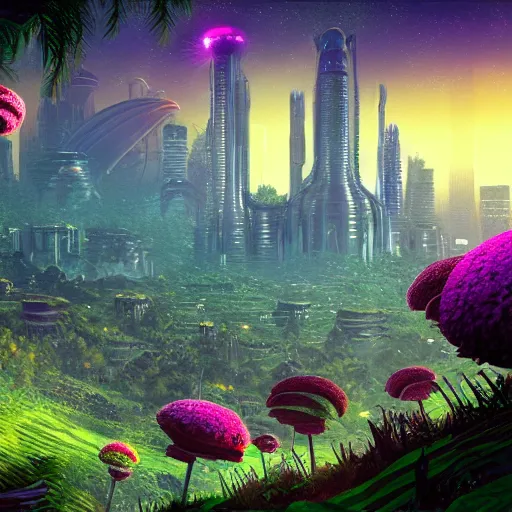 Prompt: lush organic alien skyline, flowers cryengine render by android jones, syd mead, and john stephens